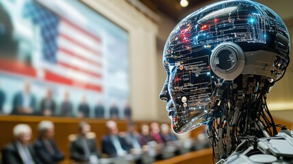 Obraz premium Humanoid Robot Standing Before Audience in Futuristic Setting