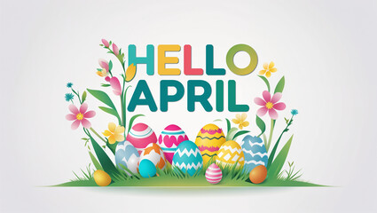 Obraz premium A vibrant Hello April message with Easter eggs and colorful flowers