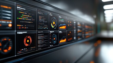 Naklejka premium A sleek array of digital dashboards displaying vibrant analytics and data visualizations in a modern, high-tech environment.