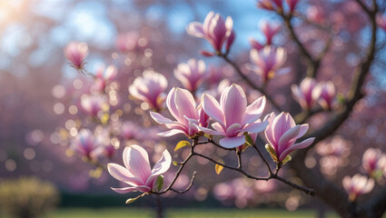 Fototapeta premium Delicate pink magnolia blossoms in full bloom on a sunny spring day