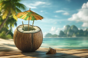 A coconut cocktail with an umbrella