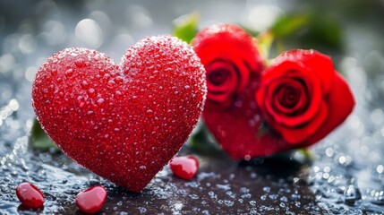 Obraz premium Red Heart and Roses with Water Droplets on a Dark Surface for Romance Valentines Day