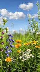 Obraz premium Vibrant wildflowers bloom brightly under a cheerful summer sky. AI Generated