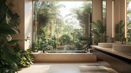 Luxurious bathroom, jungle view, relaxation,  modern design, spa