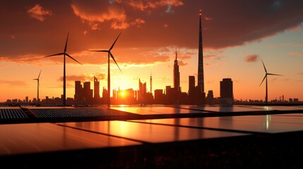 Naklejka premium Futuristic Smart City Skyline at Dusk with Illuminated Elements