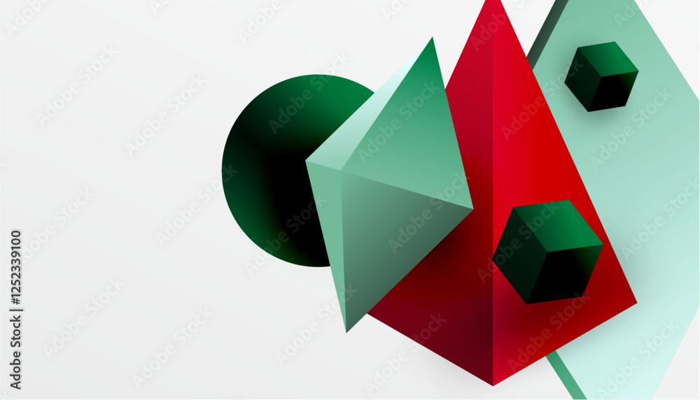 Poster abstract design showcasing isometric cubes, pyramids, squares, and spheres in a vibrant 3d layout. m