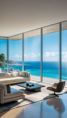 Obraz premium Luxury architecture, ocean front property landscape. Modern living room interior design with sleek contemporary designer furniture, minimalist decor large windows, panoramic coastal view background