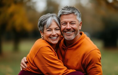 Fototapeta premium A couple of older people are smiling and hugging each other in a park