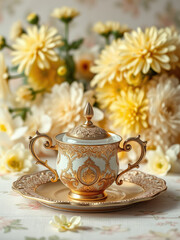 Fototapeta premium A vintage tea set with yellow chrysanthemum herbal blend on a fresh flower backdrop, wellness elixir, hot drinks, vitality, herbal remedy
