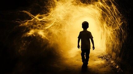 Obraz premium A child lost in thick PM 2.5 air, dreamy surreal abstract lighting effects