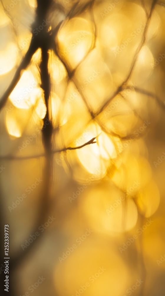 Poster blurred golden bokeh with tree branches, abstract nature background. tranquil autumn ambience and se