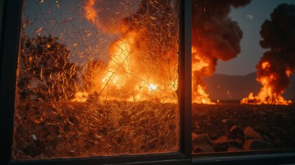 Fototapeta premium Dramatic View of Explosions Through a Broken Window Frame