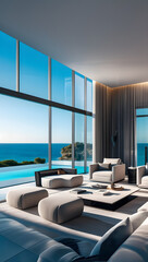 Luxury architecture, ocean front property landscape. Modern living room interior design with sleek contemporary designer furniture, minimalist decor large windows, panoramic coastal view background