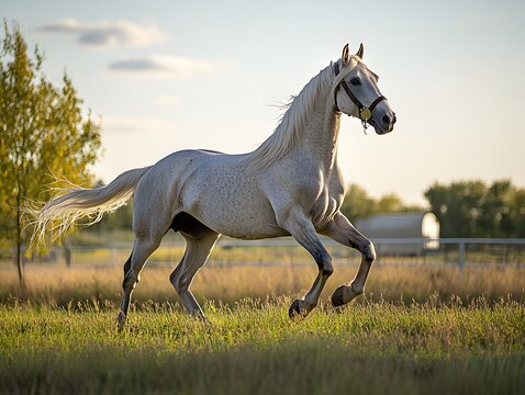 A majestic white horse gallops freely through a lush green field under a bright sky, embodying strength and grace in a serene natural setting.
