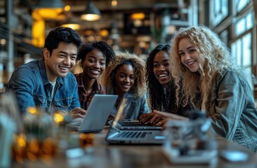 A group of people are laughing and smiling while looking at a laptop