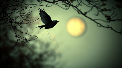 Dark Bird Soaring Through Dusty Twilight Sky