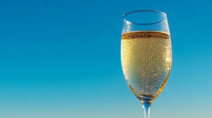 Glass of sparkling champagne against clear blue sky, celebration and elegance concept