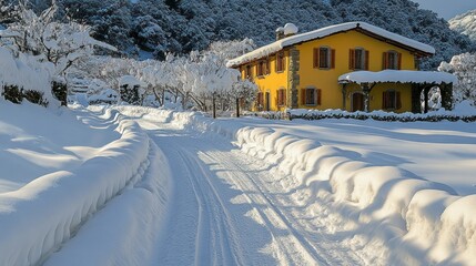 Fototapeta premium Snowy Winter Scene: Yellow House in a Mountain Village