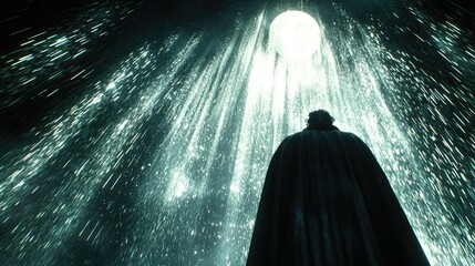 A cloaked figure stands beneath a luminous water cascade