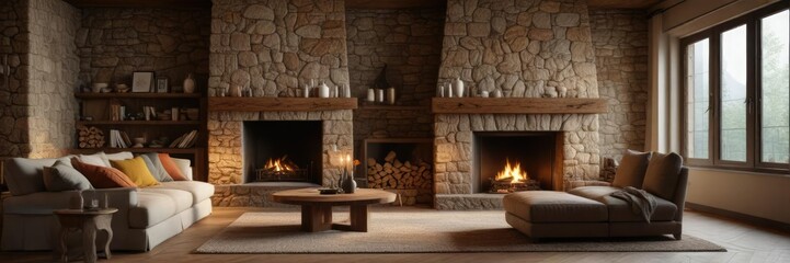 A warm and inviting living room with a large stone fireplace, warmth, invitation