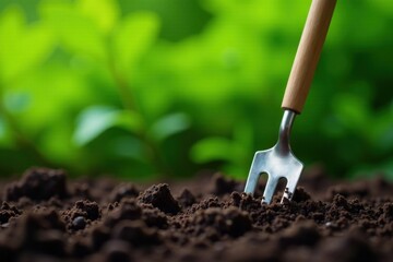 A small hand garden tool nestled in dark soil, ready for planting amidst a vibrant green backdrop