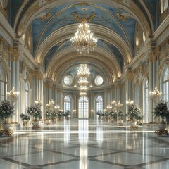 Large, ornate room with a blue ceiling and gold accents