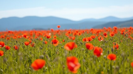 Vibrant Red Poppies Blooming in Green Field under Clear Blue Sky