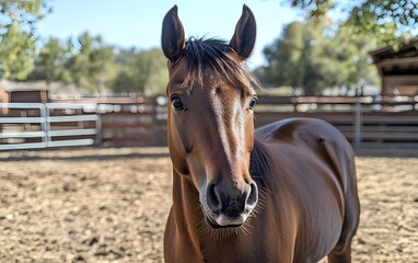 Obraz premium A stunning close-up of a brown horse standing peacefully in a paddock. Its expressive eyes and shiny coat highlight the beauty of nature and the bond between humans and animals.