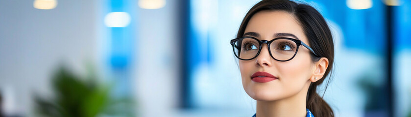 Fototapeta premium Thoughtful woman with glasses contemplating future possibilities in a modern office.