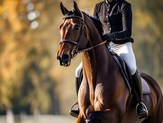 A stunning image captures a rider elegantly seated atop a majestic horse, showcasing the bond between horse and rider