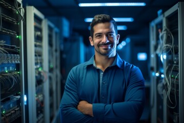 Fototapeta premium Portrait of a smiling Hispanic male technician in server room