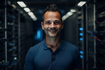 Fototapeta premium Portrait of a smiling Hispanic male technician in server room