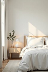 Serene Minimalist Bedroom Design Featuring a Light Wooden Bed, Crisp White Bedding, and a Simple Nightstand with a Vase of Greenery