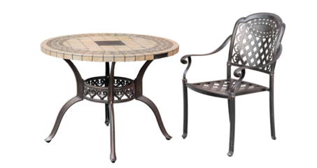 Metal chair and table. Old fashioned cafe terrace with wrought iron tables and chair furniture on the outdoor