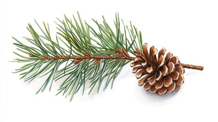 Pine branch with cone, winter, isolated, white background, holiday card