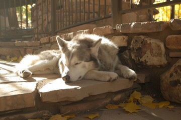 A serene gray wolf rests peacefully on a stone surface, bathed in soft sunlight, surrounded by natural elements.