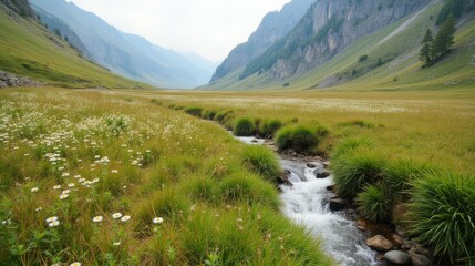 Scenic Mountain Valley with Stream and Wildflowers in Nature