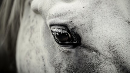 Fototapeta premium Close-up of a horse's eye, showcasing intricate details of the iris and eyelashes. The image captures the essence and beauty of this majestic animal in black and white.