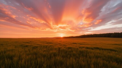 Obraz premium Golden Sunset Over Wheat Field with Dramatic Cloud Patterns