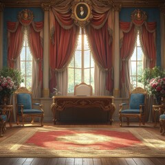 Room with a large desk and two chairs, one of which is blue