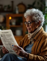 Obraz premium Mature african female reading newspaper indoors with cozy atmosphere