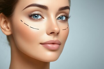 Obraz premium Young woman with dotted lines on her face indicating cosmetic surgery areas