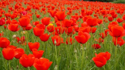 Obraz premium Vibrant Field of Red Poppies in Full Bloom Under Clear Blue Sky