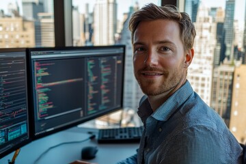 Fototapeta premium Smiling programmer working on code in a modern office