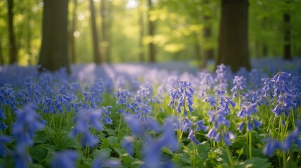 Beautiful Carpet of Bluebells in Lush Green Forest at Sunrise