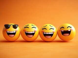 Four smiling yellow faces with sunglasses on them