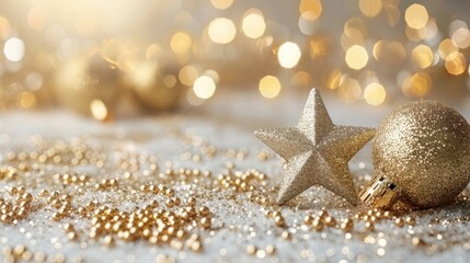 Golden christmas decorations with glittery star and bauble on sparkling background