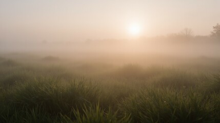 Soft Sunrise Over a Foggy Meadow with Dewy Green Grass