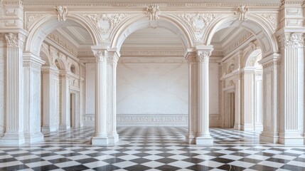 Obraz premium Grand Palace Hall Interior Checkered Floor, Archways, Columns