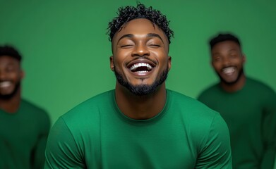 A man with a green shirt is smiling and laughing